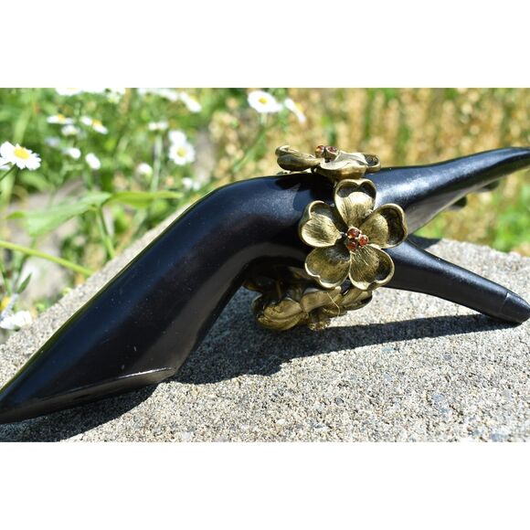 Gold toned Flower Statement Bracelet – Bold Sculptural Jewelry (size 7") - Picture 4 of 7